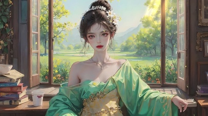 窗边绿衣古风美女