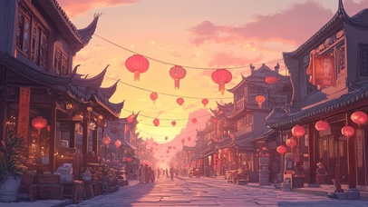 黄昏下的治愈古镇街道