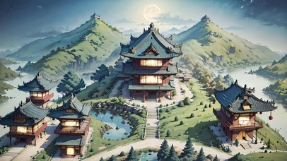 夜晚古风庭院山水