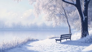 冬日飘雪湖边长椅