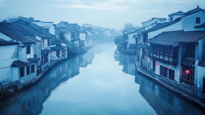 蓝调水乡朦胧徽派建筑