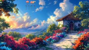 秋季夕阳小屋