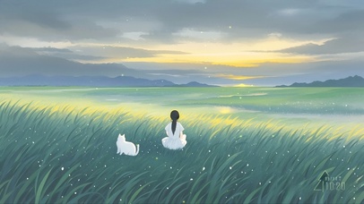 草原上看夕阳的少女和猫咪