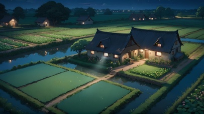 夜晚农田水渠小屋