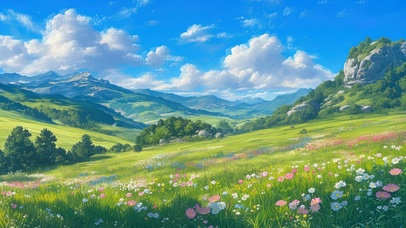 高山草原蓝天白云鲜花草坡