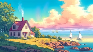 晚霞湖边小屋