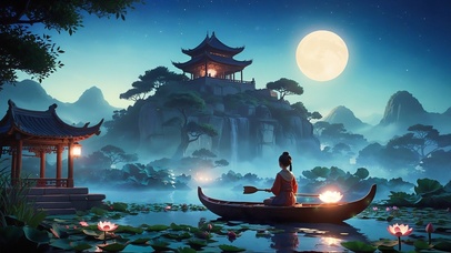 夜晚荷塘泛舟女孩