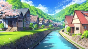 4k河流樱花小镇