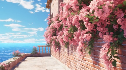 海边建筑 满墙鲜花