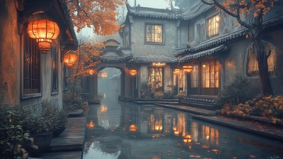 秋日淅沥小雨庭院
