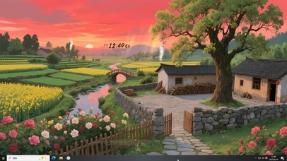 晚霞笼罩农村平房村落