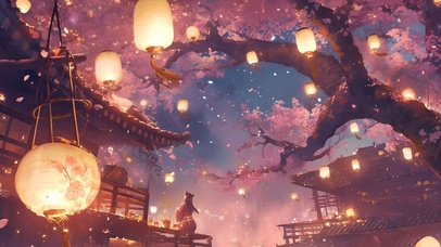 唯美樱花树下灯笼