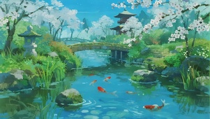 樱落锦鲤池，好运自然来