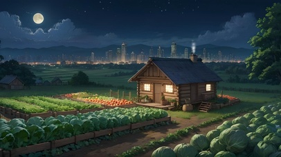 夜晚城市郊外的农田小屋