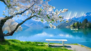 清澈湖泊梨花