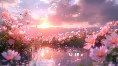 唯美夕阳鲜花湖畔