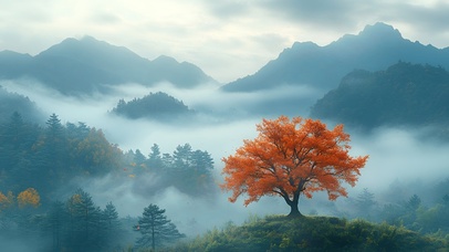 秋林迷雾中的孤树