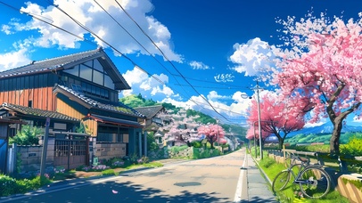 白云蓝天樱花小路