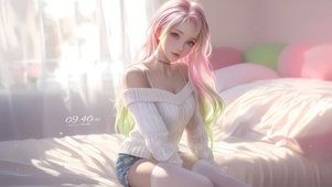 香肩白丝毛衣女孩
