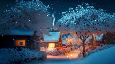 唯美夜晚雪天乡村