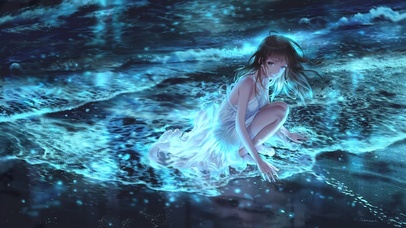蓝色荧光海滩少女