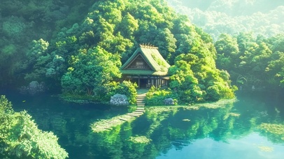 绿树环绕的湖边小屋