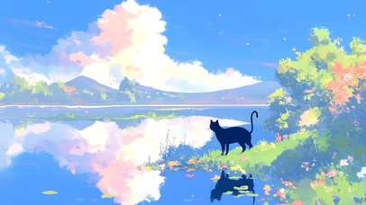蓝天白云治愈海边风景插画小黑猫