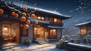 雪中柿子树小屋