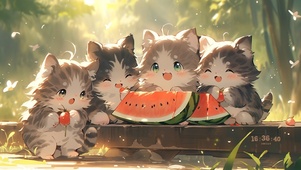 小猫咪·夏日竹林·西瓜