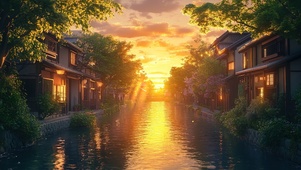 黄昏中的河流建筑