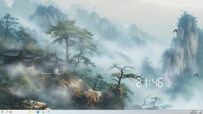 古风山景房屋树木桌面主题