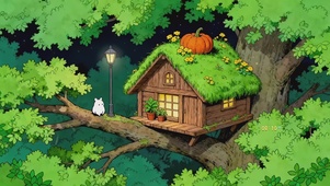 治愈系夜晚森林童话树屋