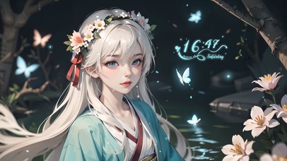 湖畔汉服蓝蝶少女