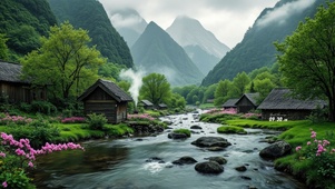 春天峡谷村庄