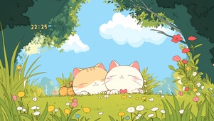 草地可爱情侣猫咪