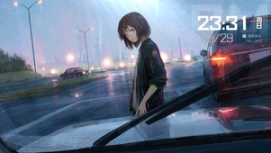 小雨中的车外少女与光