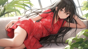沙发上红衣少女