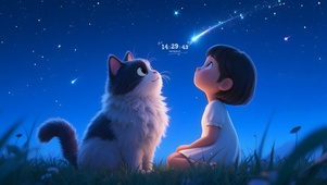 星空下女孩和猫咪