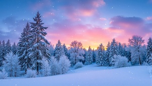 唯美晚霞松林雪景