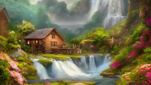 瀑布旁的小木屋