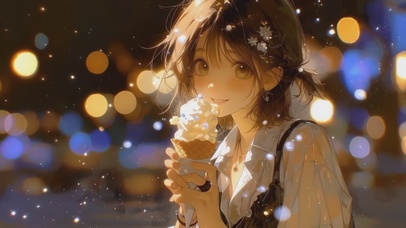 温馨街道吃冰激凌少女