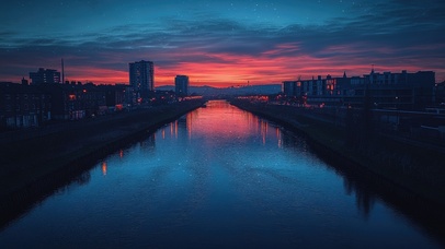 落日晚霞城市河畔