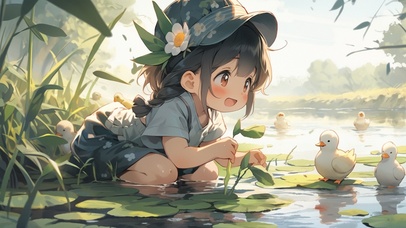 夏日池塘治愈可爱女孩