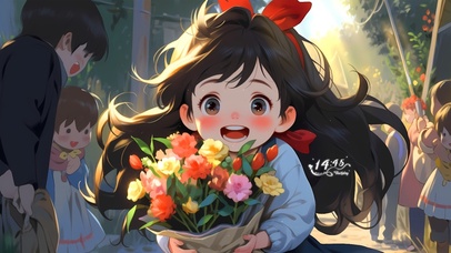 手捧鲜花可爱女孩