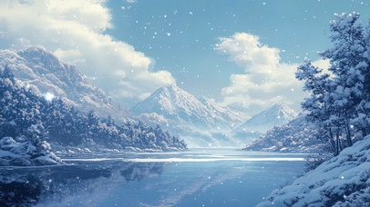 白雪覆盖的冬日湖泊