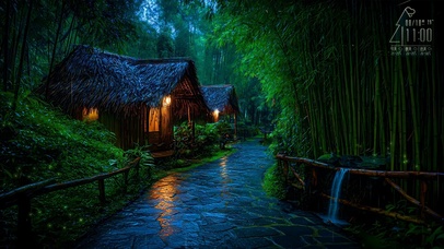 石径竹林茅屋雨