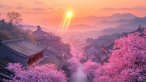 粉色唯美落日古镇