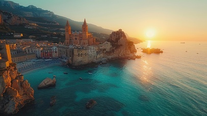 治愈落日海边城堡