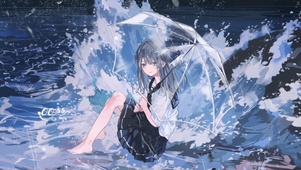 雨天海边少女