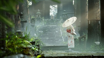 日系美女小雨中等候一米阳光